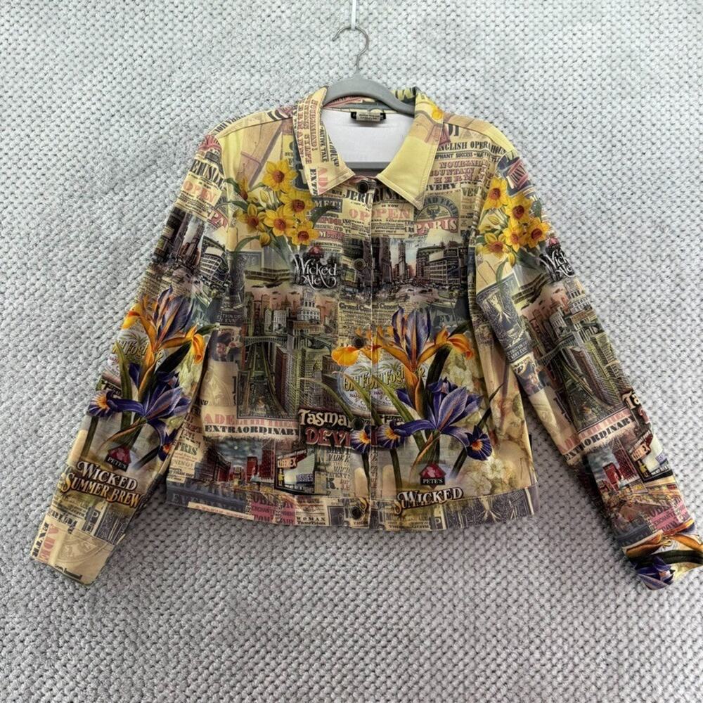 VTG Impulse California Jacket Women M Yellow Cityscape Button Front Long Sleeve